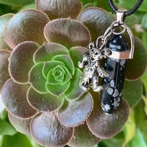Grateful Dead Snowflake Obsidian Necklace with Marching bear Charm